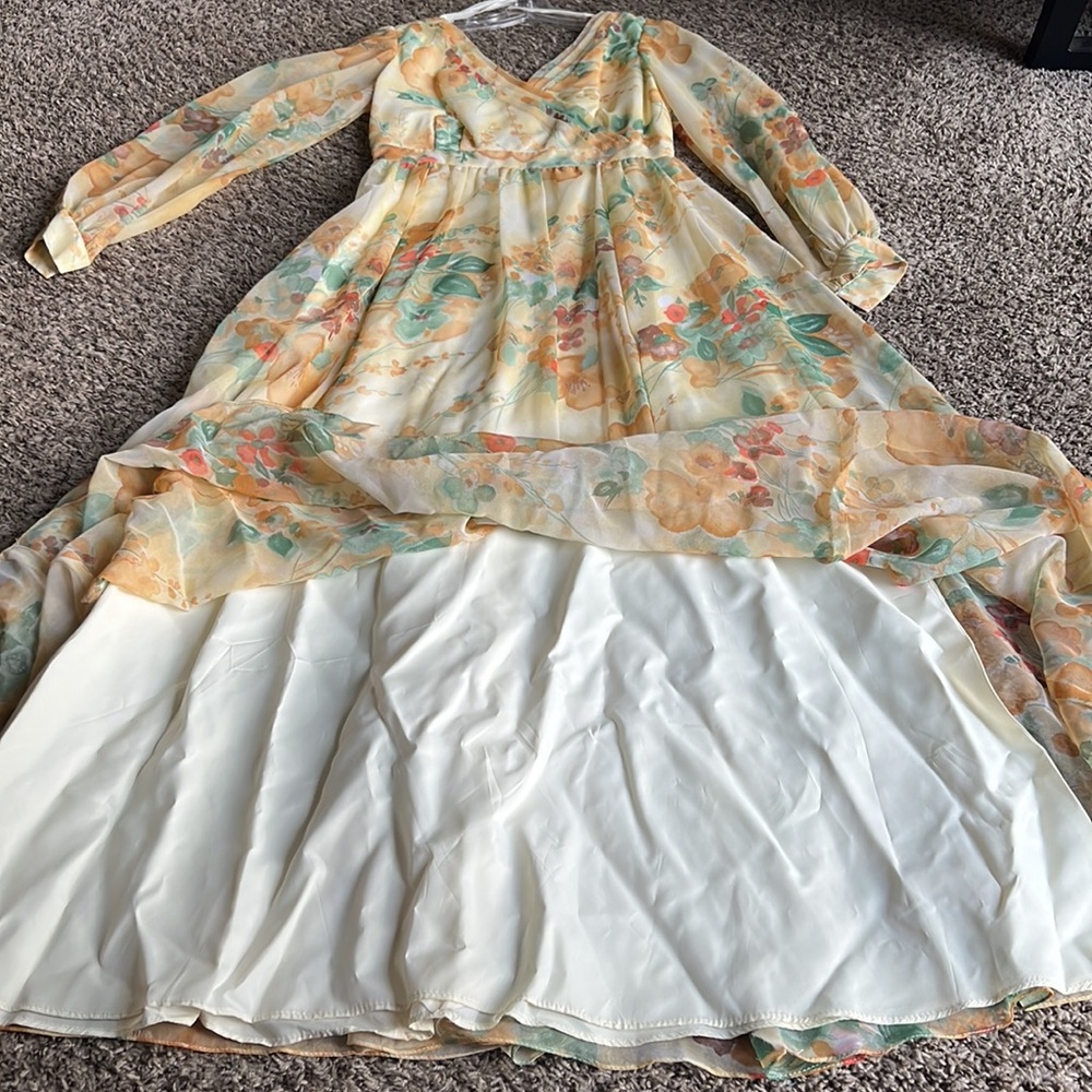 Vintage 70s Chiffon Yellow Floral Floor Length Dress Sz 14 By Union Made - Picture 11 of 16